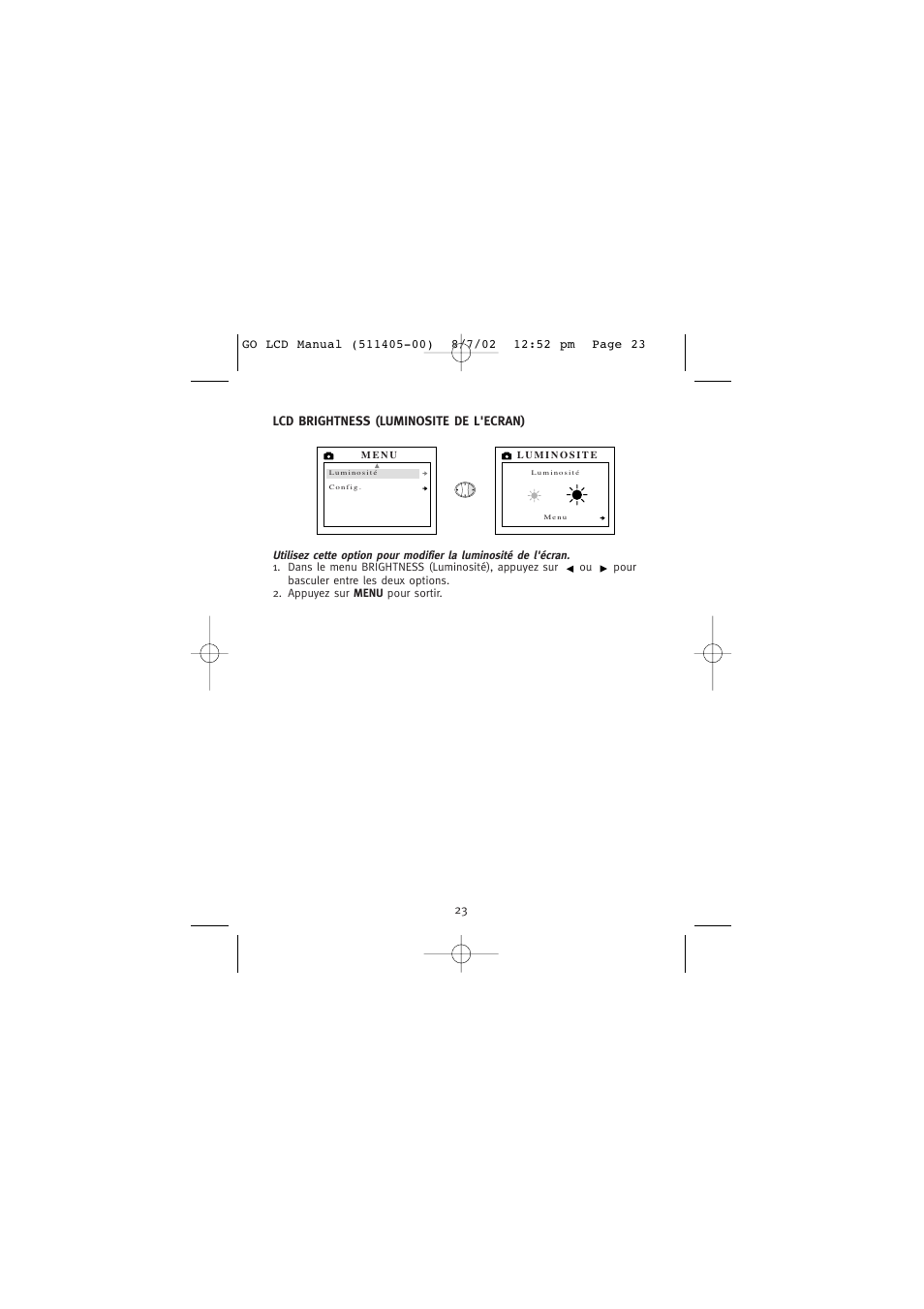 Lcd brightness (luminosite de l'ecran) | Concord Camera Eye-Q Go LCD Camera User Manual | Page 78 / 160