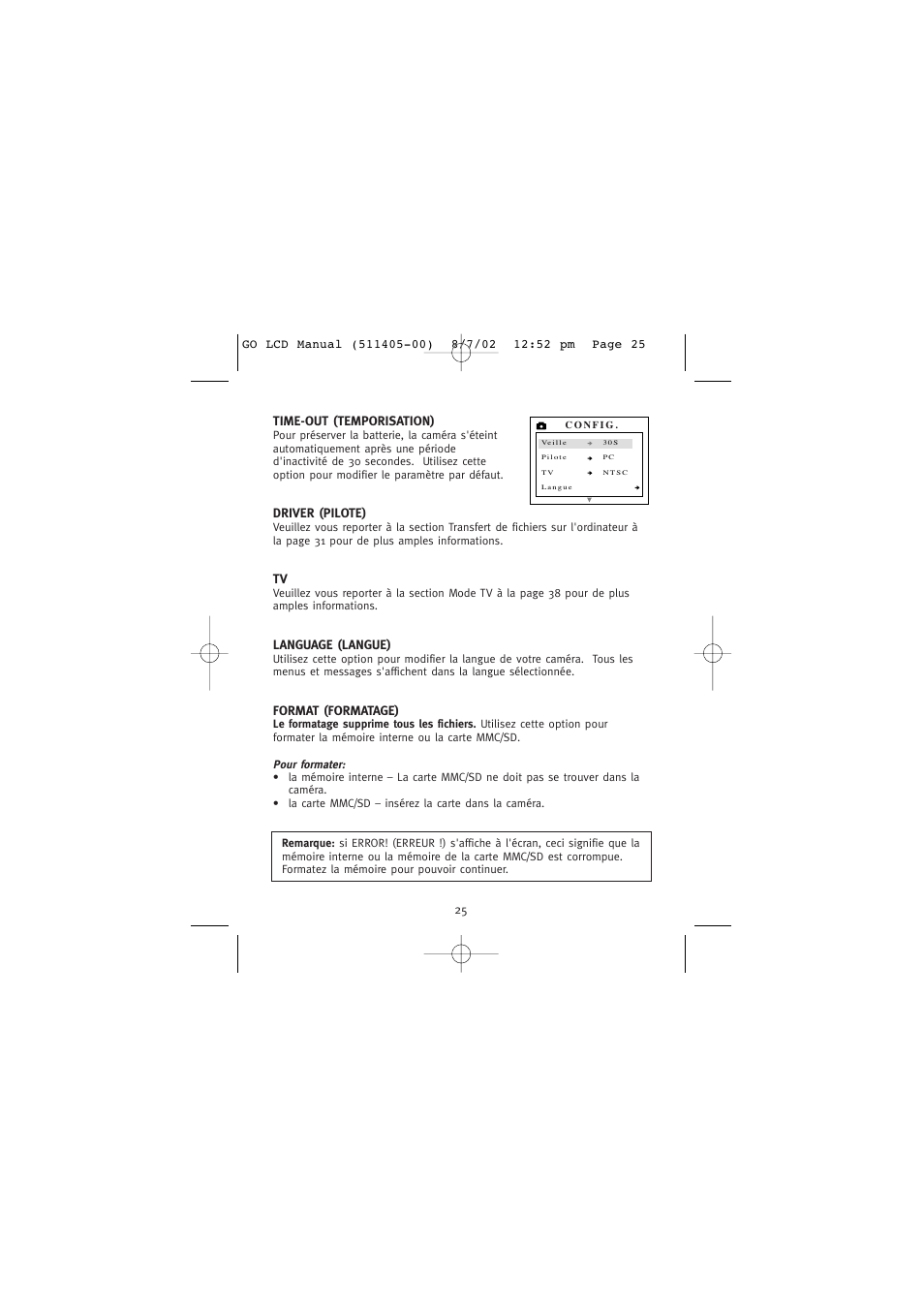 Time-out (temporisation), Driver (pilote), Language (langue) | Format (formatage) | Concord Camera Eye-Q Go LCD Camera User Manual | Page 80 / 160