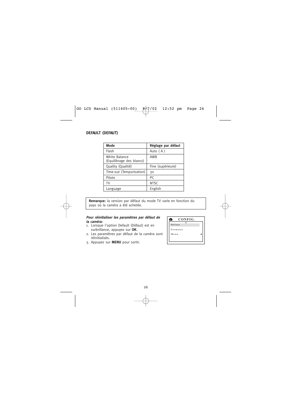 Default (defaut) | Concord Camera Eye-Q Go LCD Camera User Manual | Page 81 / 160