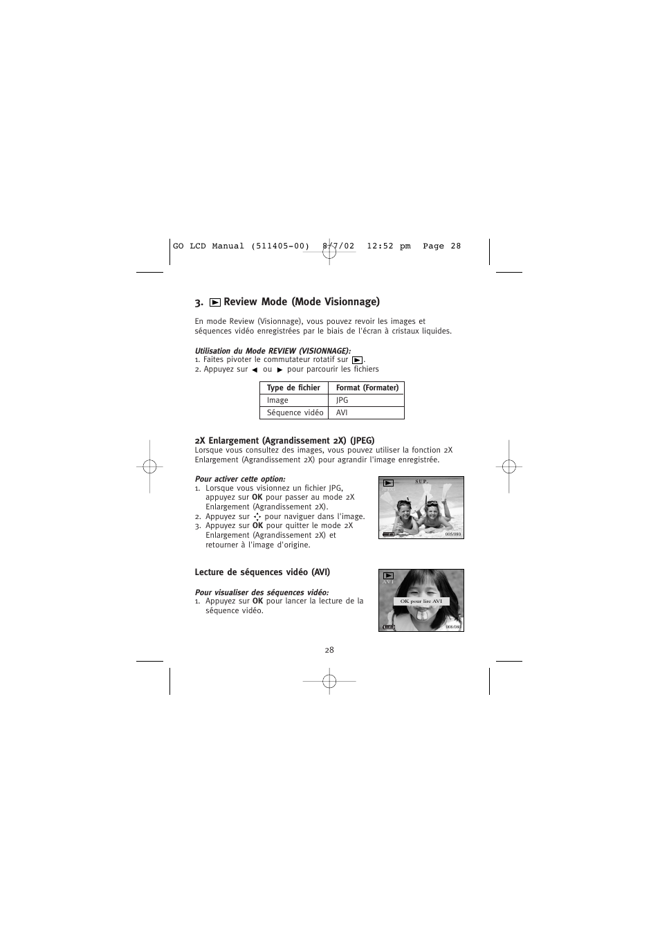 Review mode (mode visionnage), Utilisation du mode review (visionnage), 2x enlargement (agrandissement 2x) (jpeg) | Lecture de séquences vidéo (avi) | Concord Camera Eye-Q Go LCD Camera User Manual | Page 83 / 160