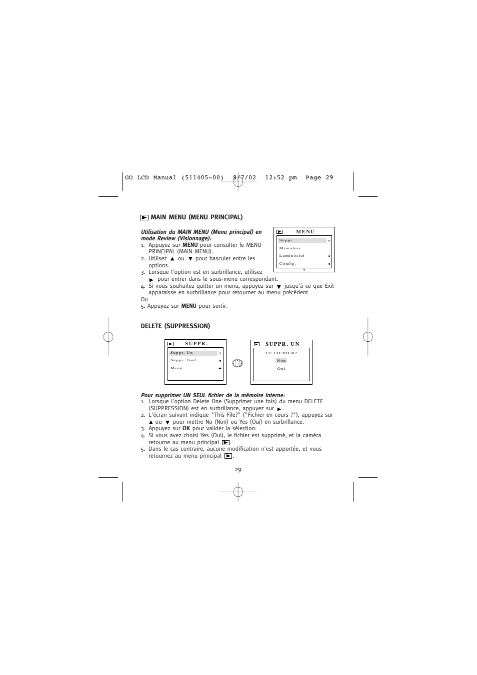 Main menu (menu principal), Delete (suppression) | Concord Camera Eye-Q Go LCD Camera User Manual | Page 84 / 160