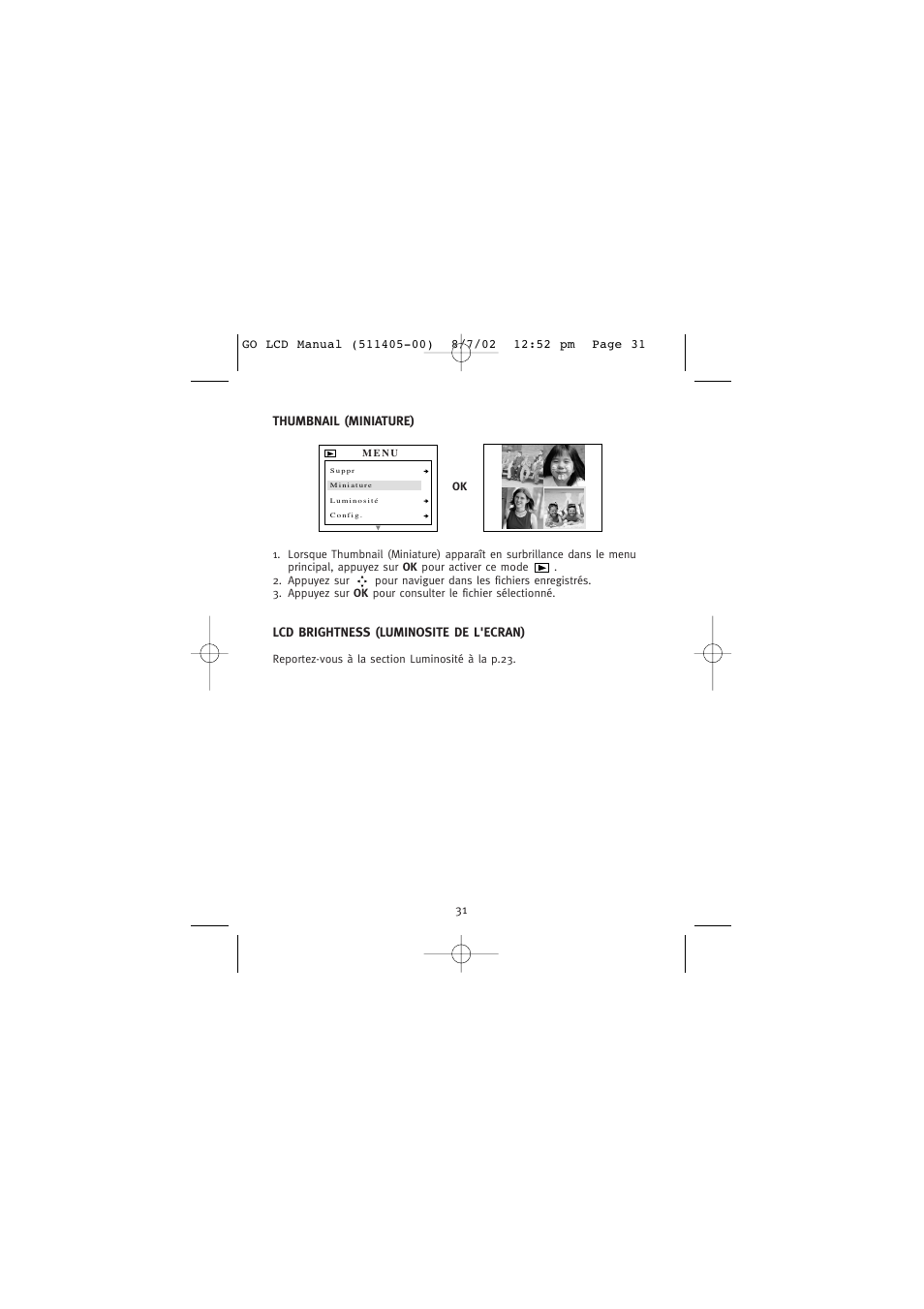 Thumbnail (miniature), Lcd brightness (luminosite de l'ecran) | Concord Camera Eye-Q Go LCD Camera User Manual | Page 86 / 160