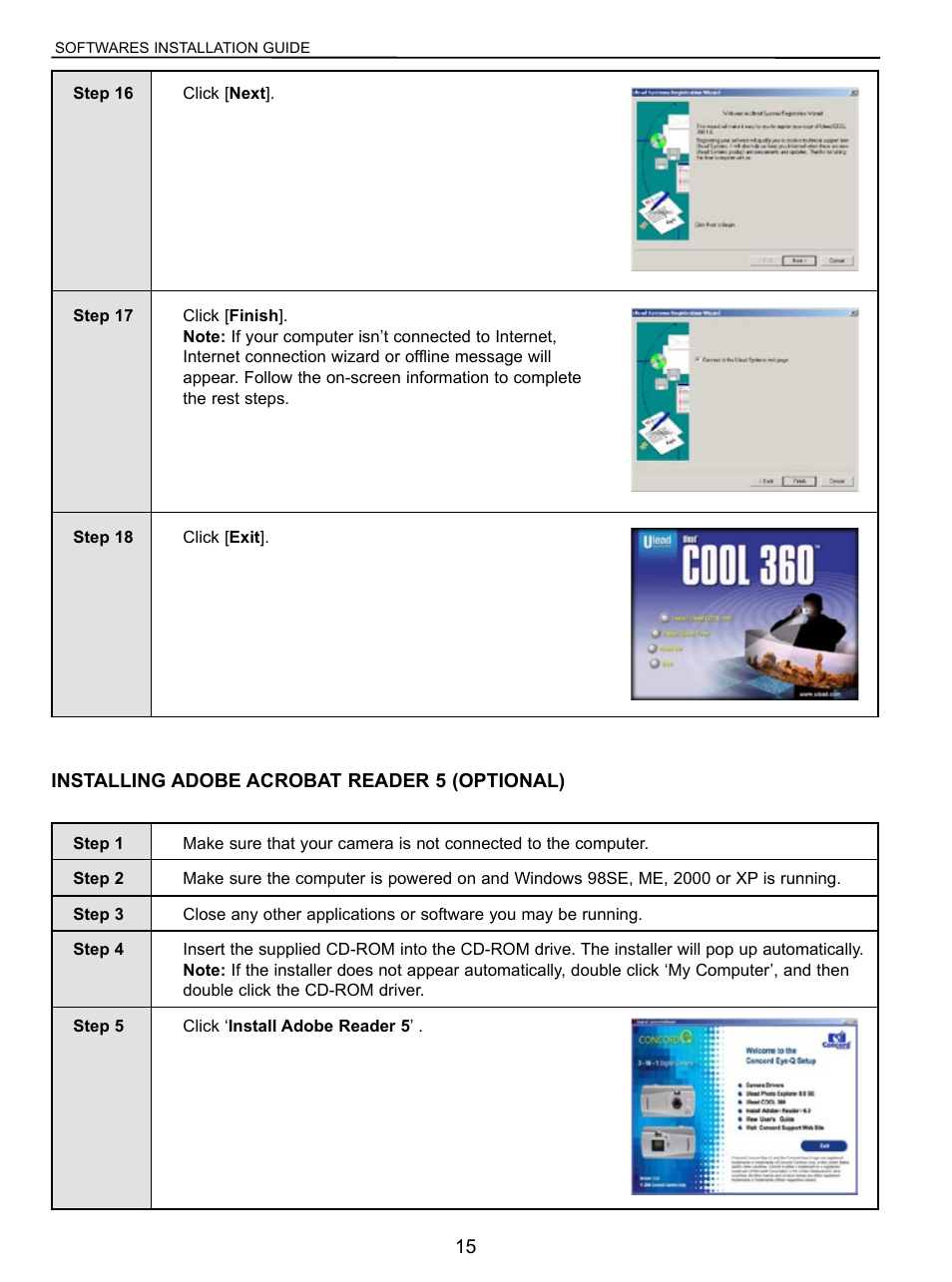 Installing adobe acrobat reader 5 (optional) | Concord Camera VGA User Manual | Page 16 / 30