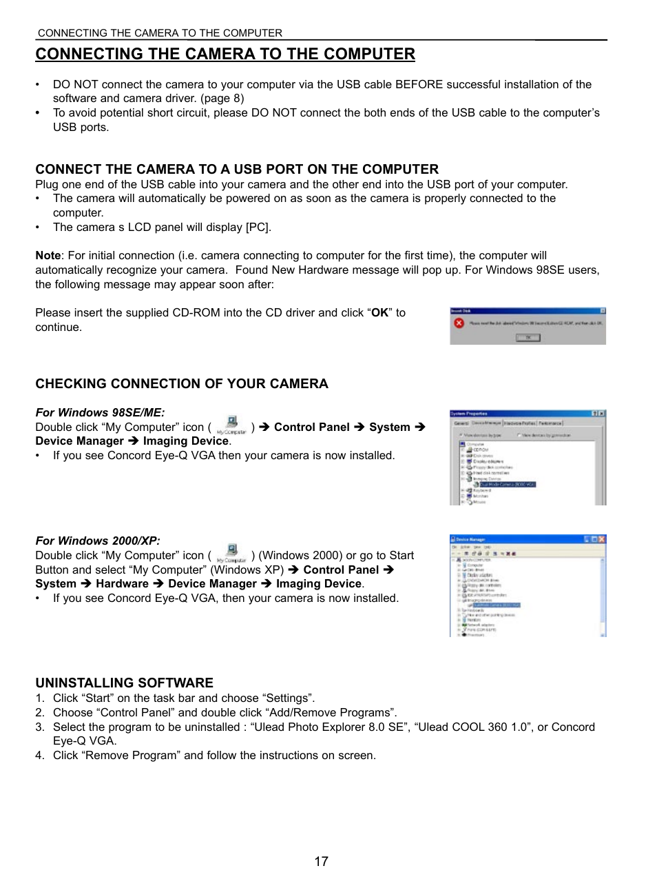 Connecting the camera to the computer, Connect the camera to a usb port on the computer, Checking connection of your camera | Uninstalling software | Concord Camera VGA User Manual | Page 18 / 30