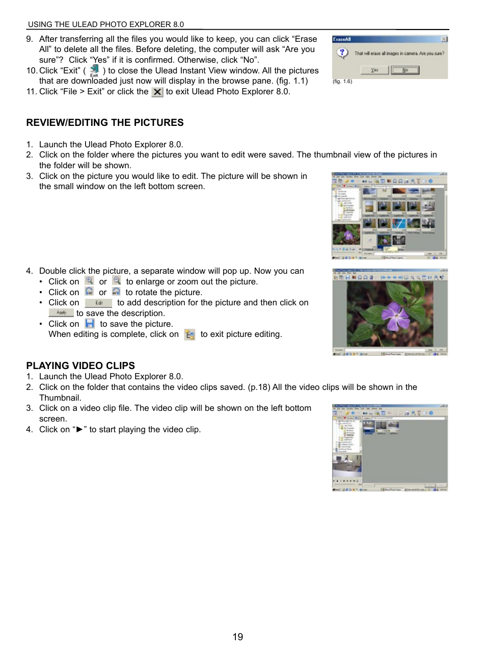 Review/editing the pictures, Playing video clips | Concord Camera VGA User Manual | Page 20 / 30