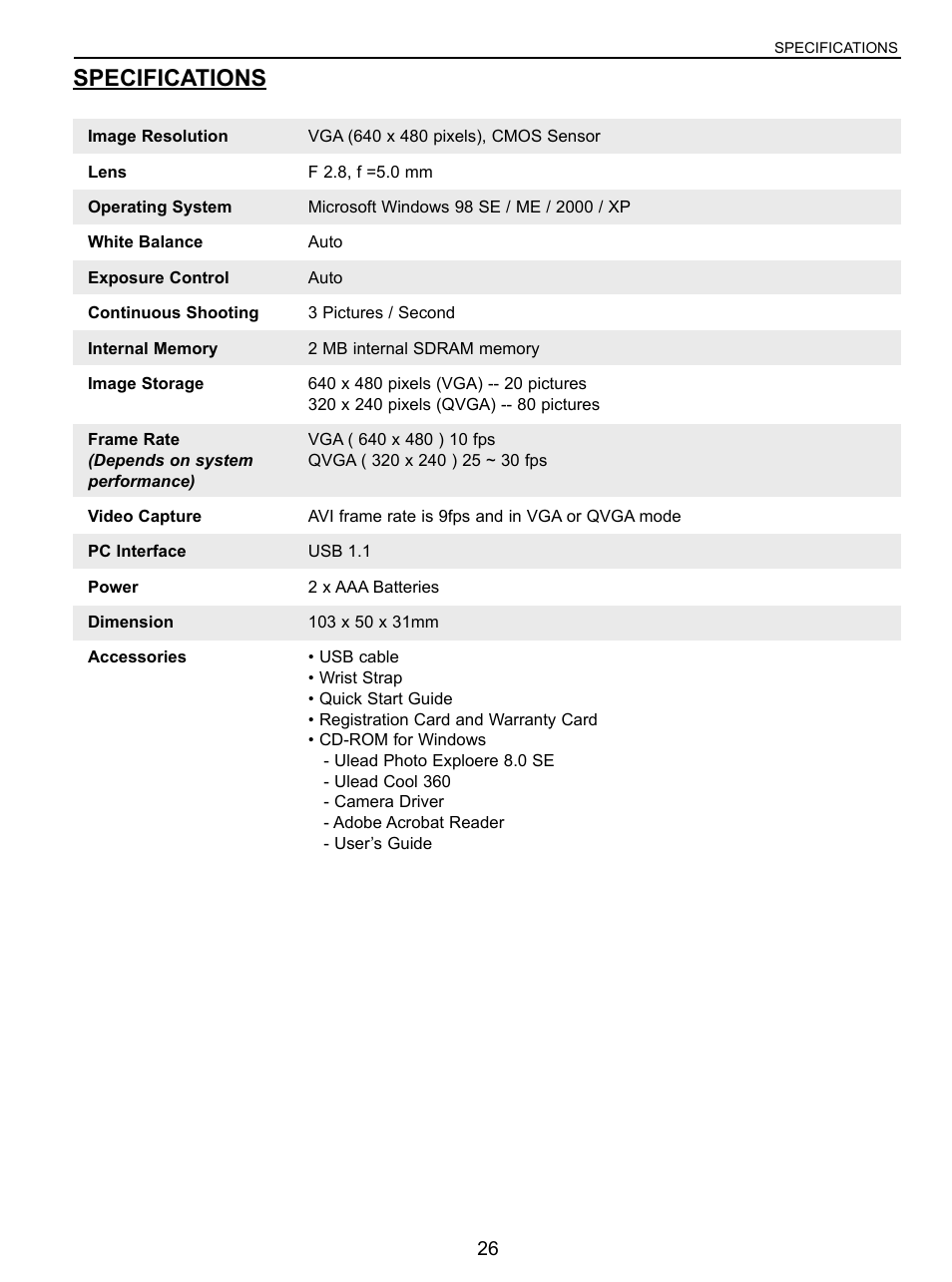 Specifications | Concord Camera VGA User Manual | Page 27 / 30