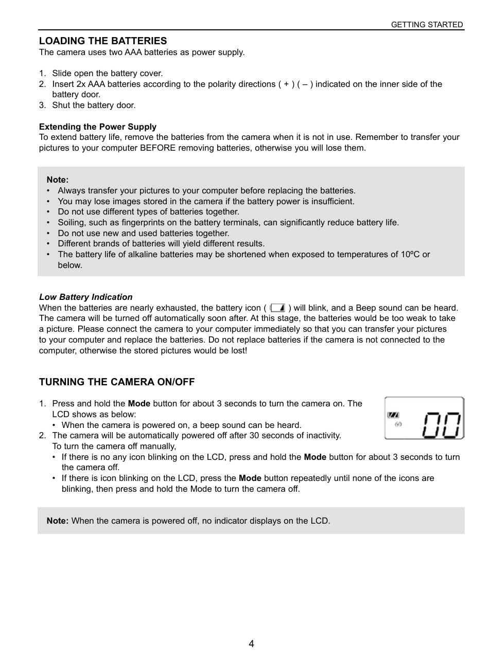 Loading the batteries, Turning the camera on/off | Concord Camera VGA User Manual | Page 5 / 30