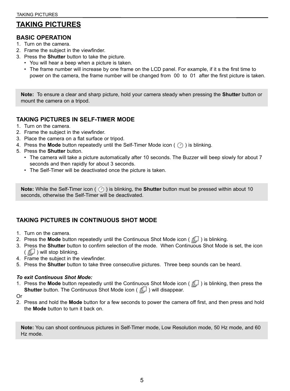 Taking pictures, Basic operation, Taking pictures in self-timer mode | Taking pictures in continuous shot mode | Concord Camera VGA User Manual | Page 6 / 30