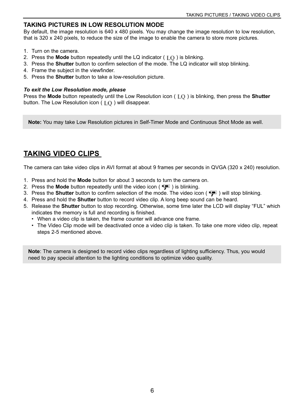 Taking pictures in low resolution mode, Setting pc camera frequency, Taking video clips | Concord Camera VGA User Manual | Page 7 / 30