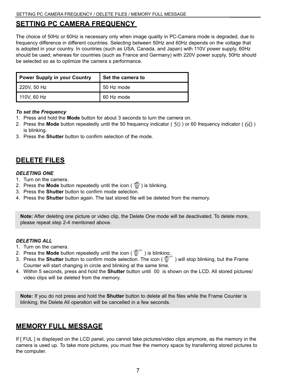 Delete files, Deleting one, Deleting all | Memory full message, Setting pc camera frequency | Concord Camera VGA User Manual | Page 8 / 30