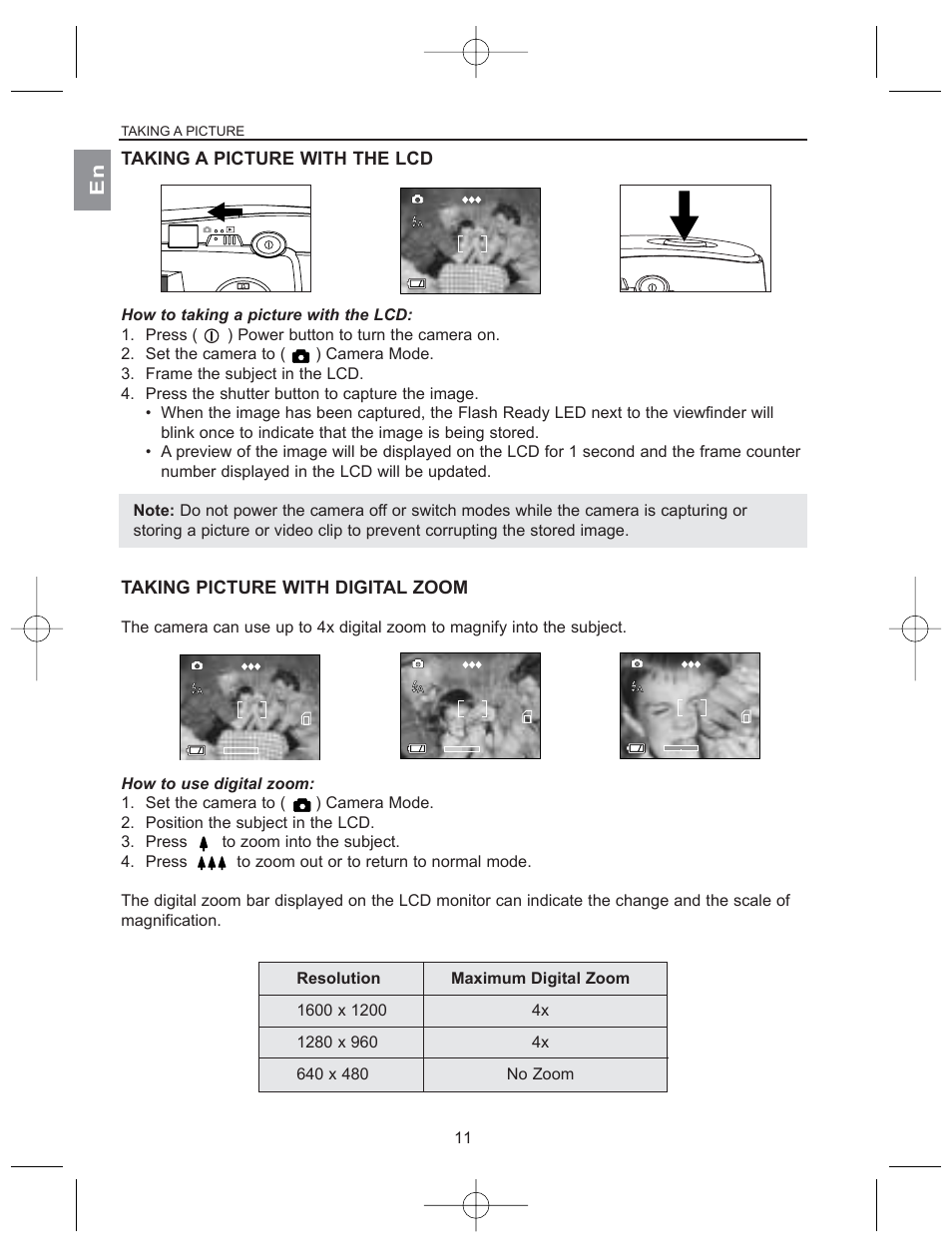 Taking a picture with the lcd, Taking picture with digital zoom | Concord Camera 2040 User Manual | Page 12 / 51