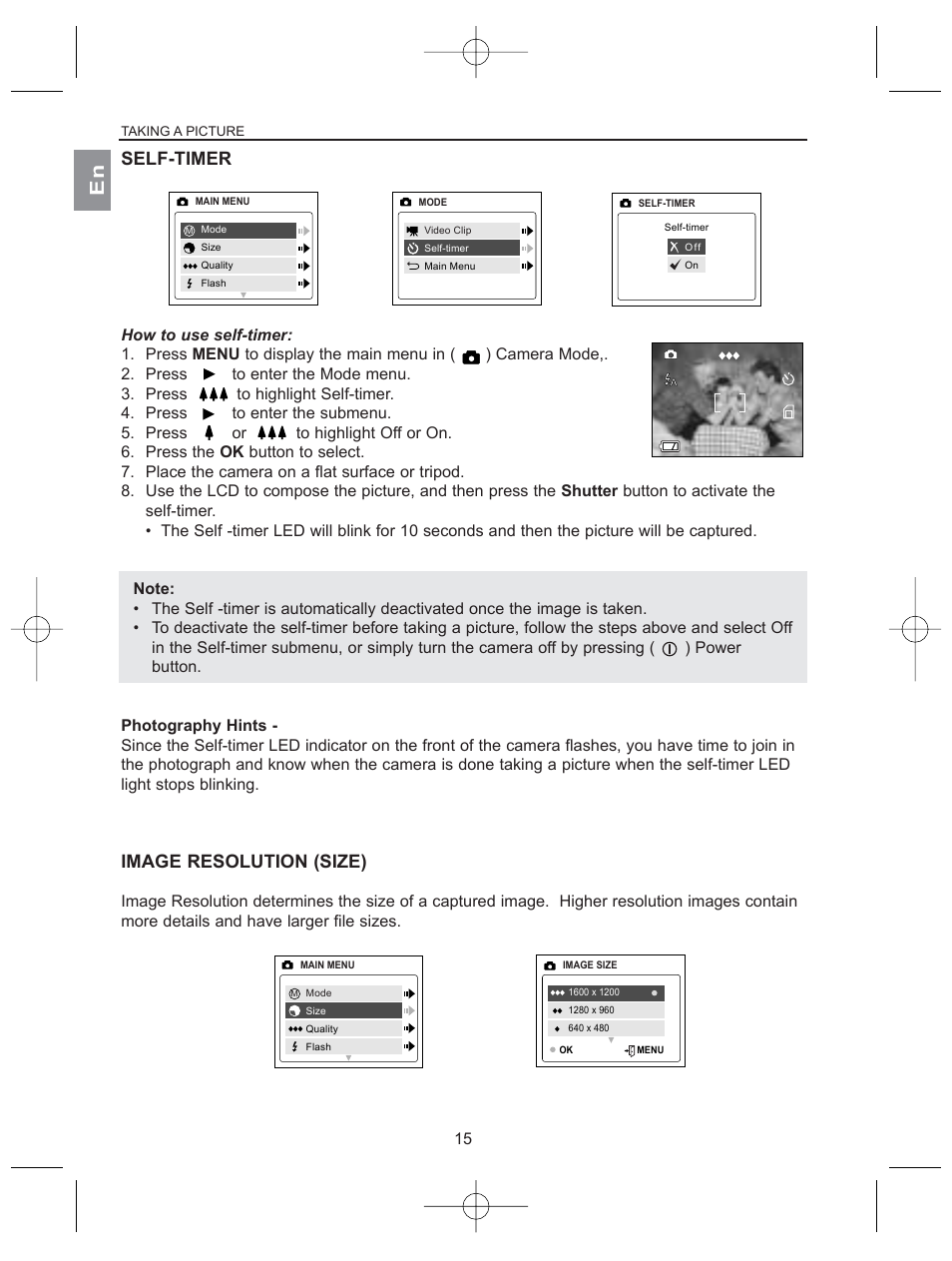 Self-timer, Image resolution (size) | Concord Camera 2040 User Manual | Page 16 / 51