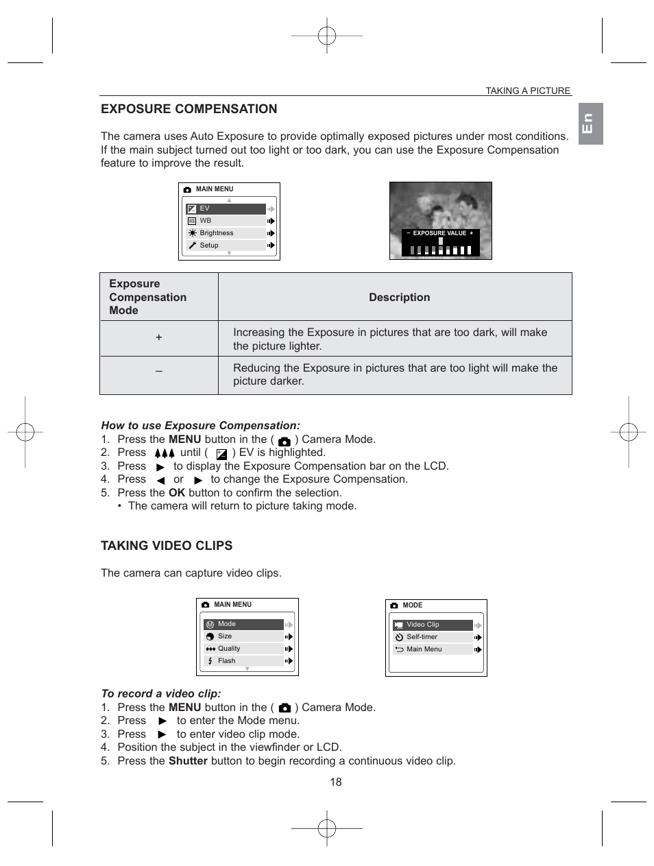 Exposure compensation, Taking video clips | Concord Camera 2040 User Manual | Page 19 / 51