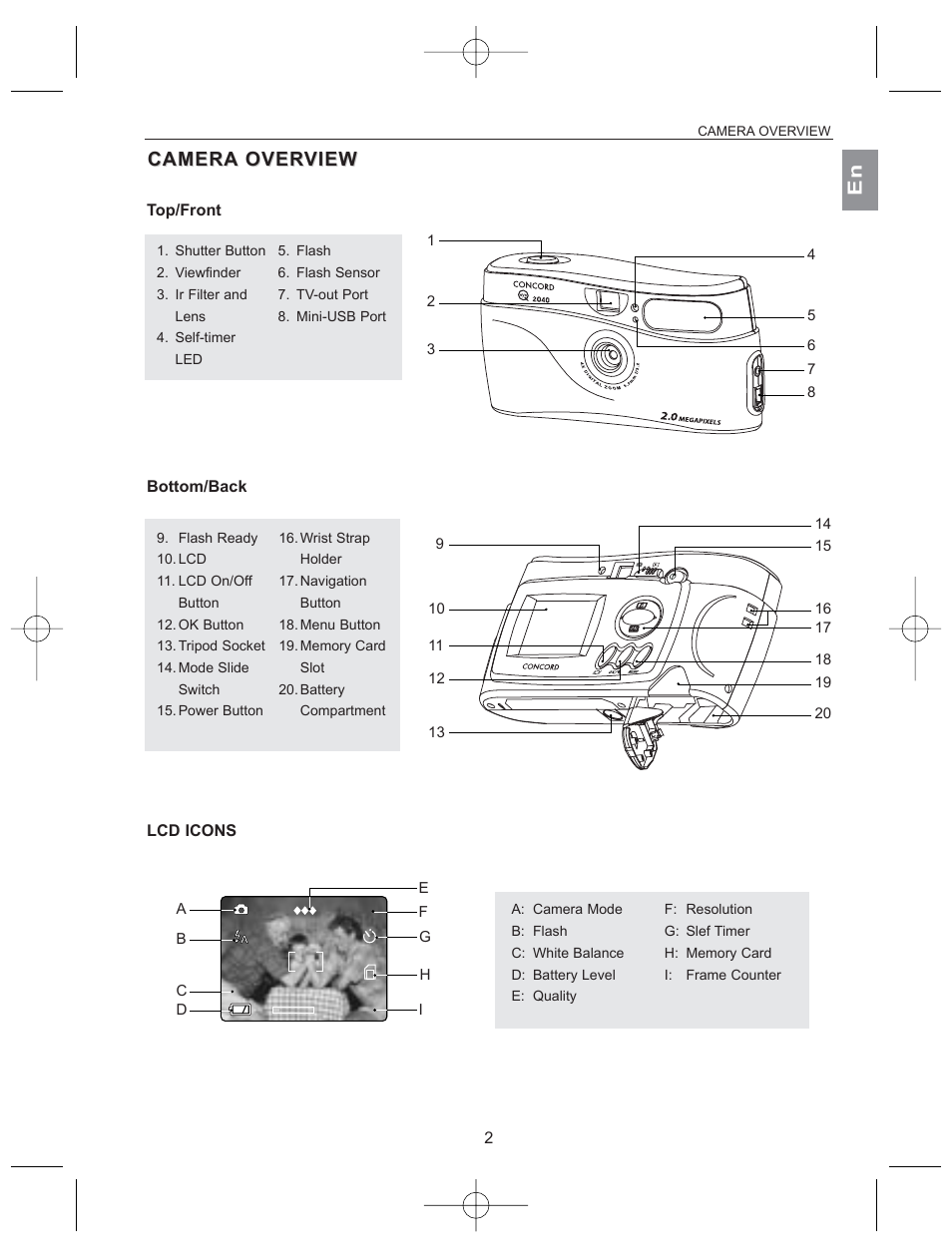 Camera camera over overview view, En camera camera over over view view | Concord Camera 2040 User Manual | Page 3 / 51