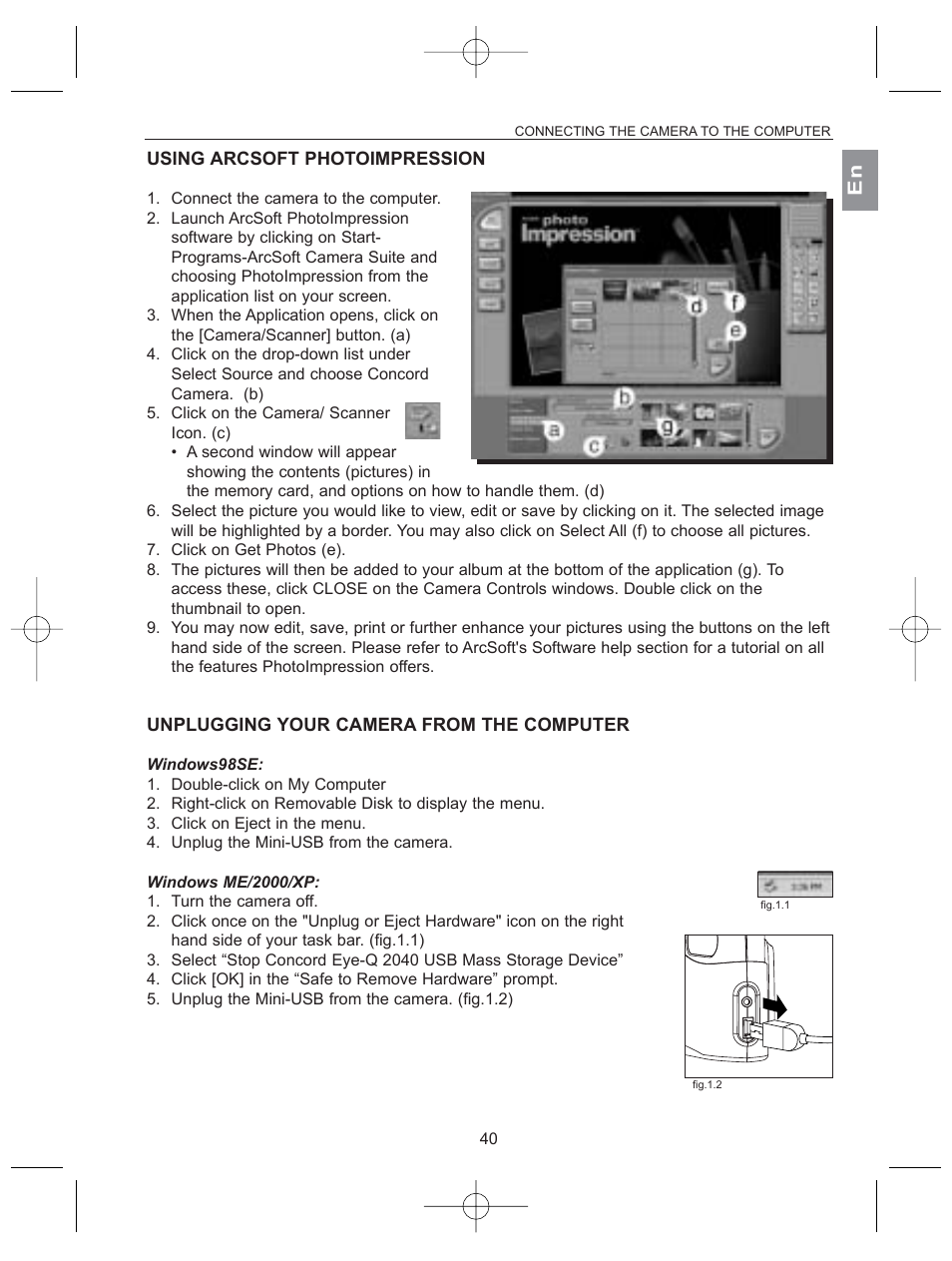 Using arcsoft photoimpression, Unplugging your camera from the computer | Concord Camera 2040 User Manual | Page 41 / 51