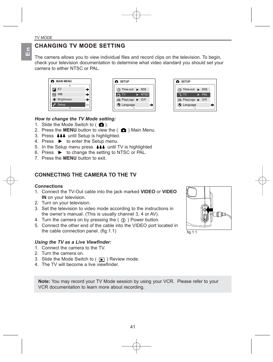 Changing tv mode settin changing tv mode setting, Changing tv mode setting, Connecting the camera to the tv | Concord Camera 2040 User Manual | Page 42 / 51