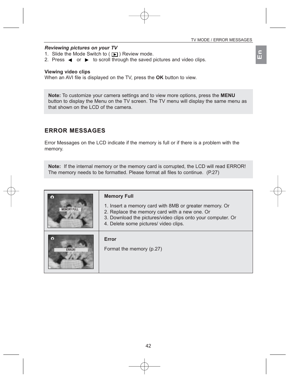 Error message error messages | Concord Camera 2040 User Manual | Page 43 / 51
