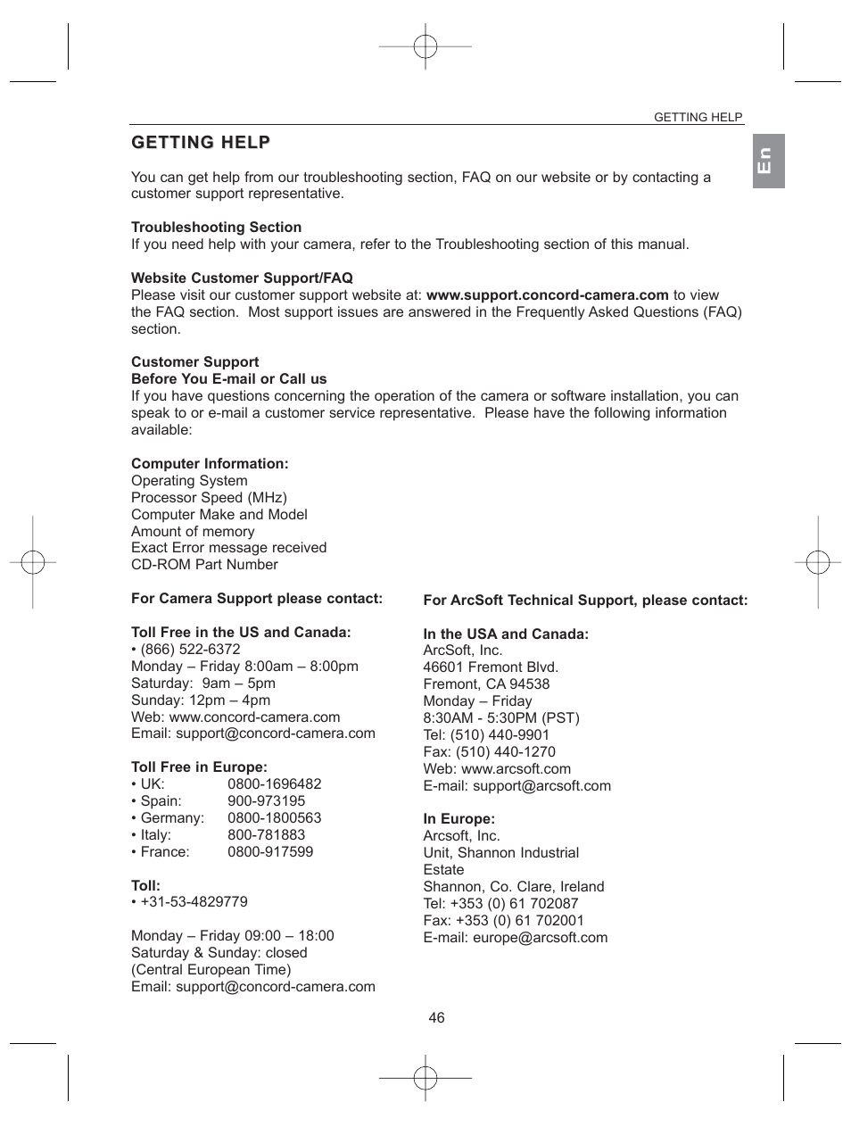 Getting hel getting help | Concord Camera 2040 User Manual | Page 47 / 51