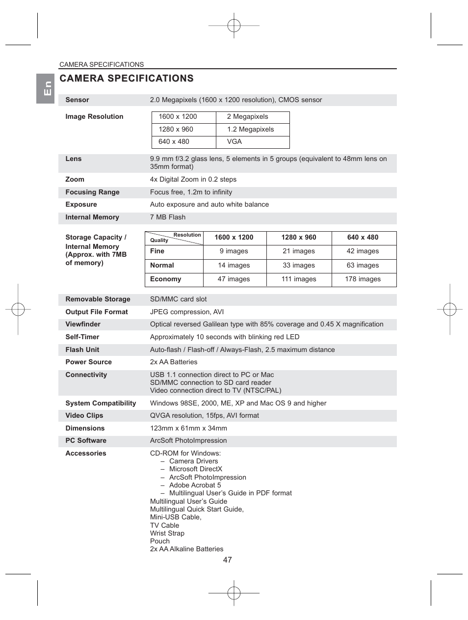 Camera camera specifica specification tions, Camera, Camera specifica specifica tions tions | Concord Camera 2040 User Manual | Page 48 / 51