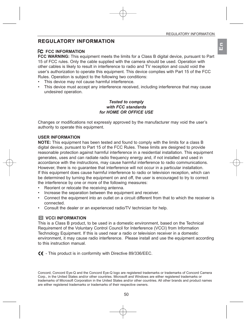 Regula egulator ory informa informatio tion | Concord Camera 2040 User Manual | Page 51 / 51