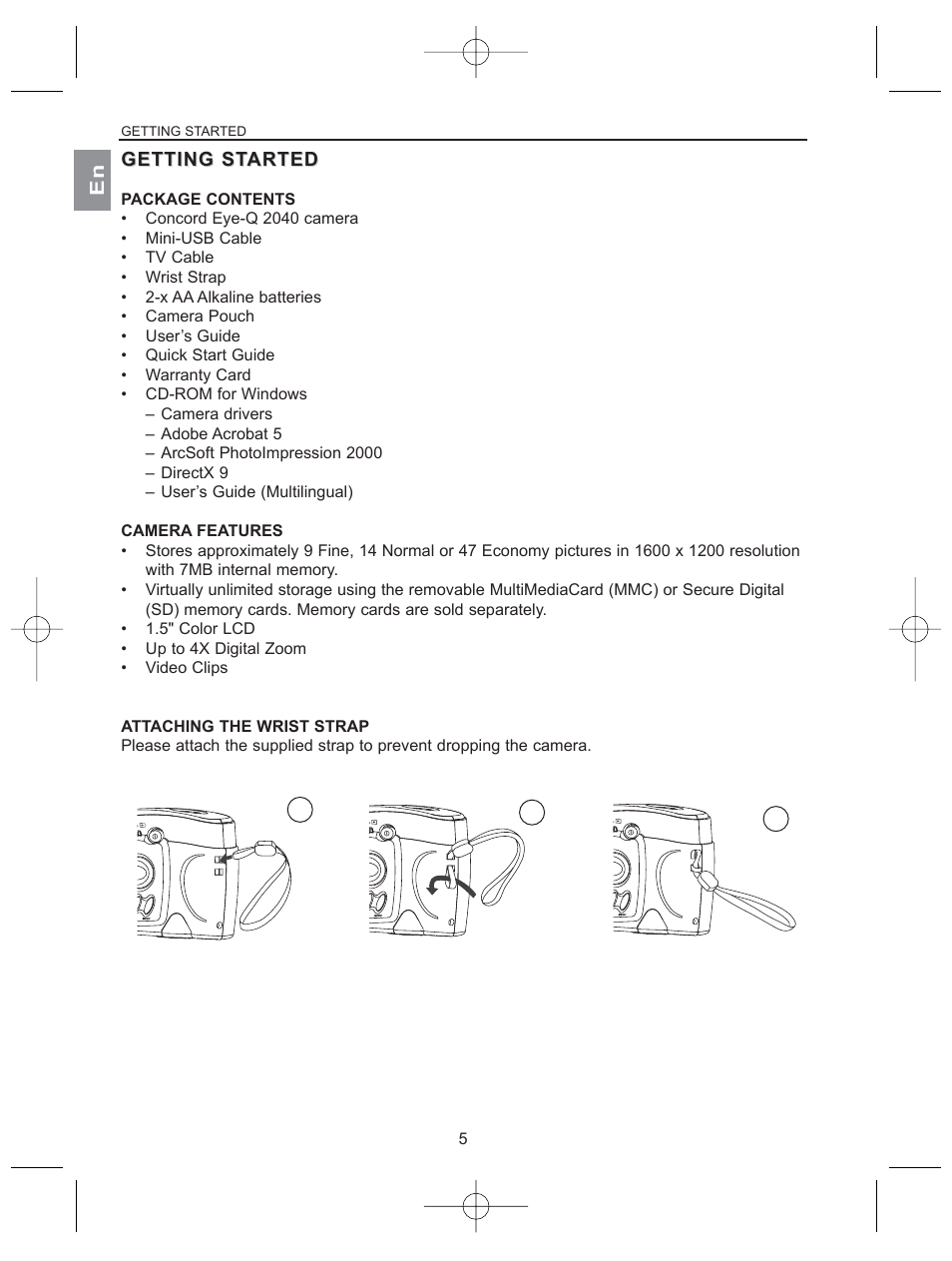 Getting st getting starte arted, En getting st getting st arted arted | Concord Camera 2040 User Manual | Page 6 / 51