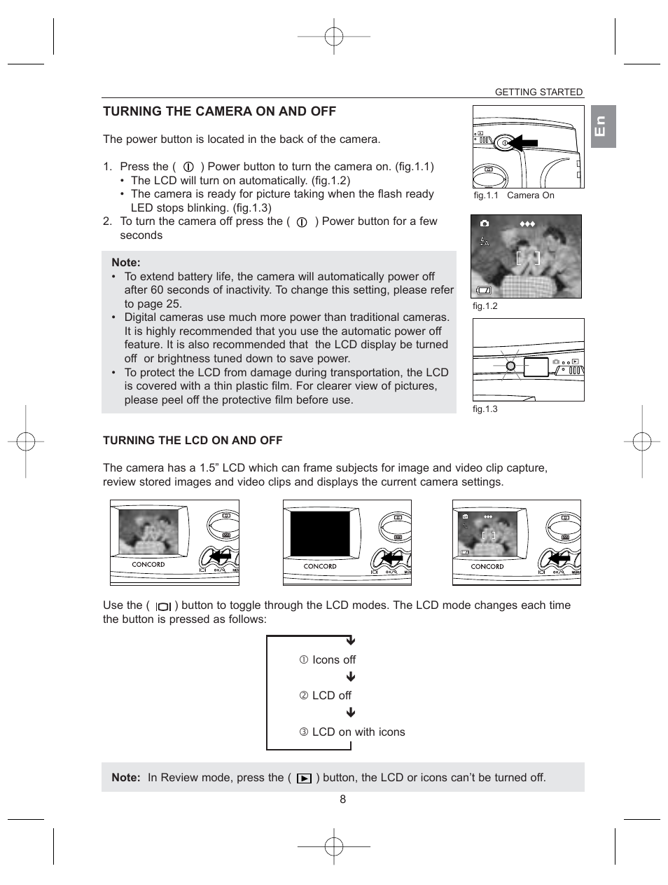 Turning the camera on and off | Concord Camera 2040 User Manual | Page 9 / 51