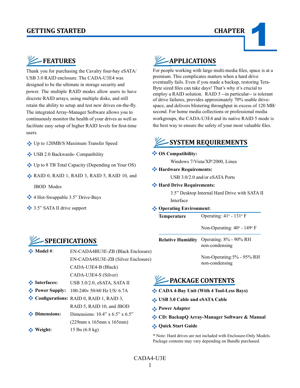 Chapter getting started applications | Cavalry Storage CADA-U3E4 User Manual | Page 3 / 14