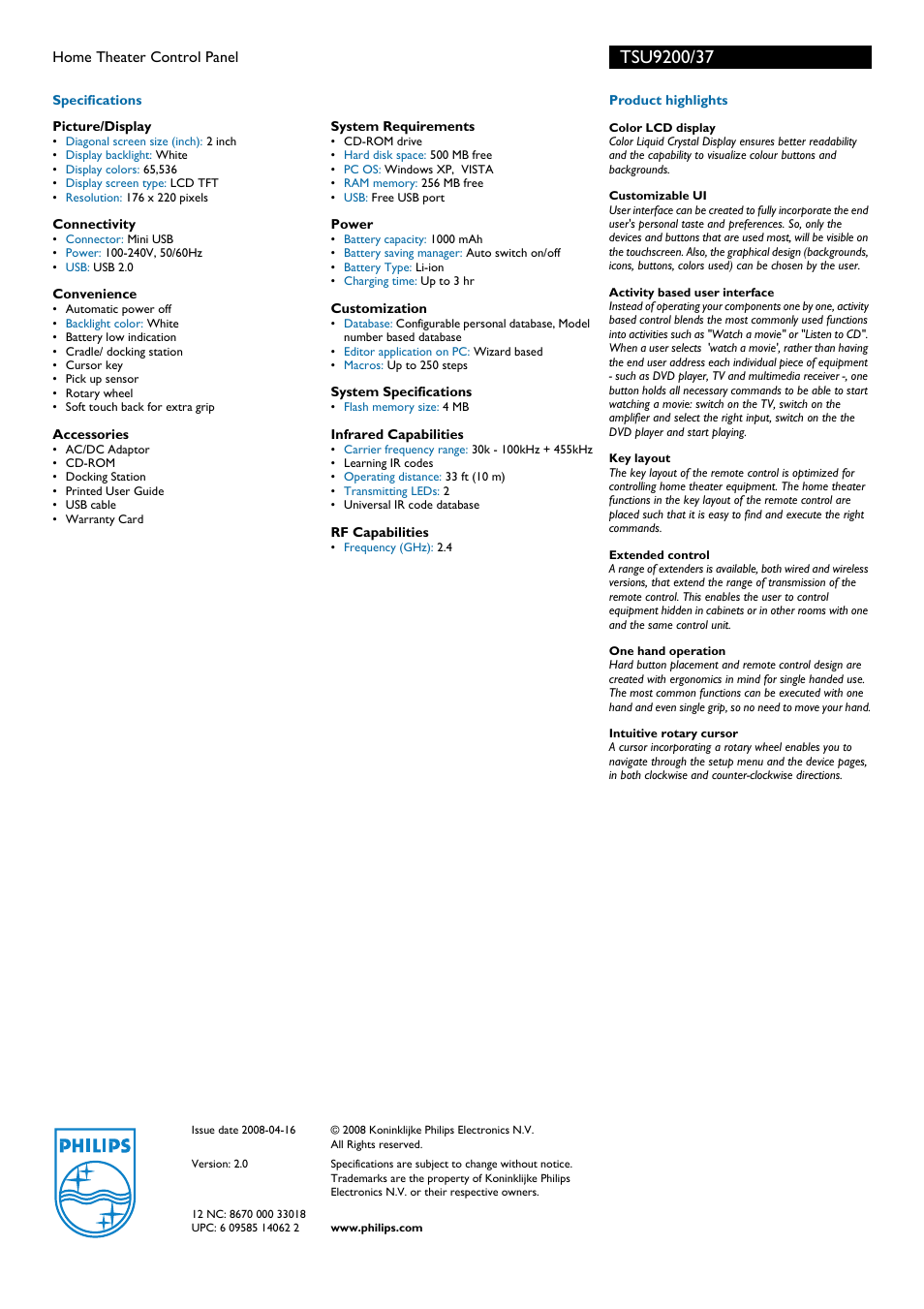 Philips TSU9200 User Manual | Page 2 / 2