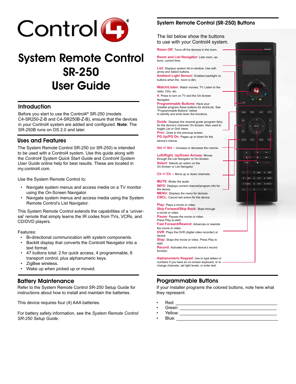 Control4 C4-SR250B-Z-B User Manual | 2 pages