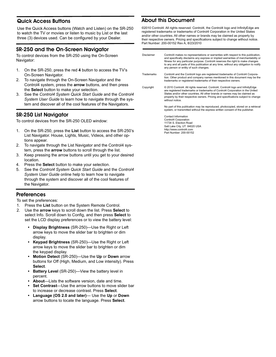 About this document, Sr-250 list navigator, Preferences | Control4 C4-SR250B-Z-B User Manual | Page 2 / 2