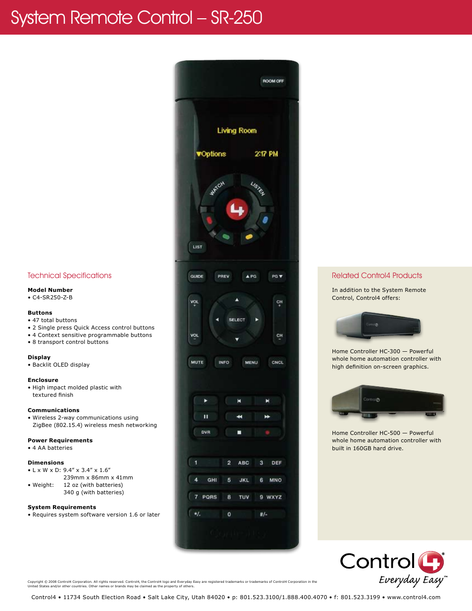 System remote control – sr-250 | Control4 SR-250 User Manual | Page 2 / 2