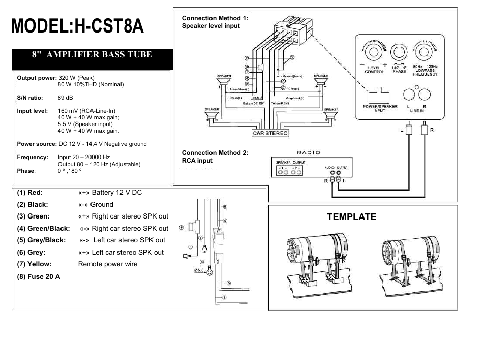 Model:h-cst8a, 8" amplifier bass tube, Template | Hyundai H-CST8A User Manual | Page 2 / 3