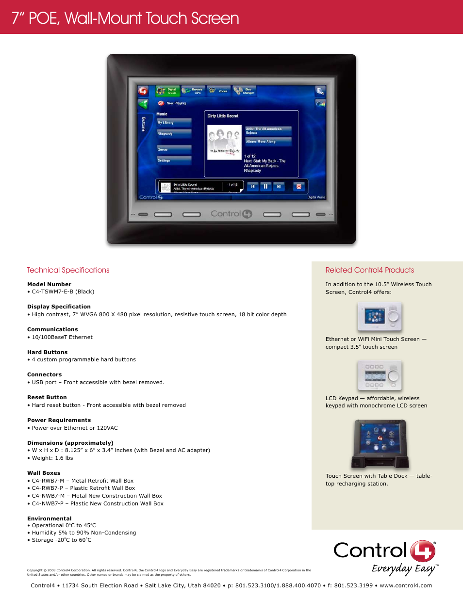 7” poe, wall-mount touch screen, Technical specifications, Related control4 products | Control4 C4-TSWM7-E-B User Manual | Page 2 / 2