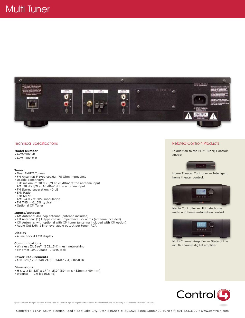 Multi tuner, Technical specifications, Related control4 products | Control4 AVM-TUN1-B User Manual | Page 2 / 2