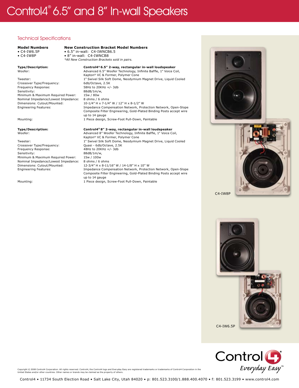 Control4, 5” and 8” in-wall speakers, Technical specifications | Control4 C4-IW8P User Manual | Page 2 / 2