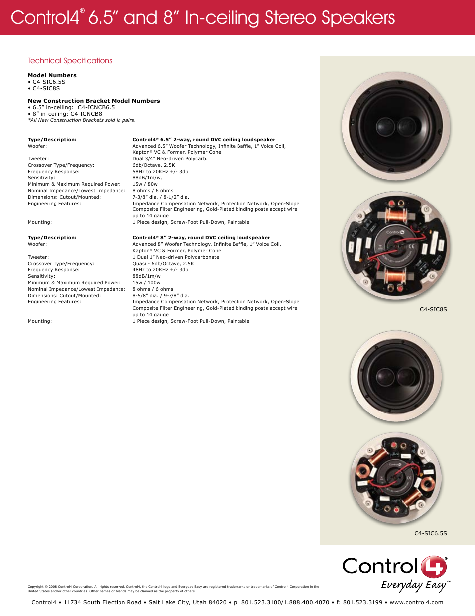 Control4, 5” and 8” in-ceiling stereo speakers, Technical specifications | Control4 C4-SIC8S User Manual | Page 2 / 2