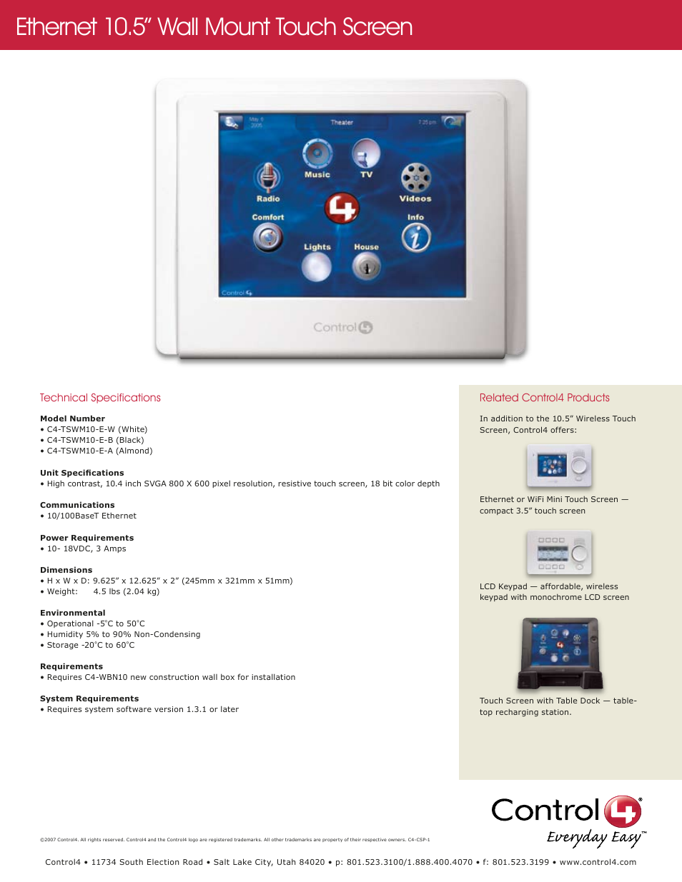 Ethernet 10.5” wall mount touch screen, Technical specifications, Related control4 products | Control4 C4-TSWM10-E-A User Manual | Page 2 / 2