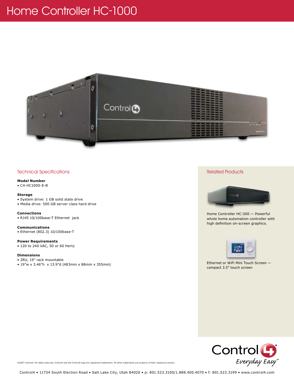Home controller hc-1000 | Control4 C4-HC1000-E-B User Manual | Page 2 / 2