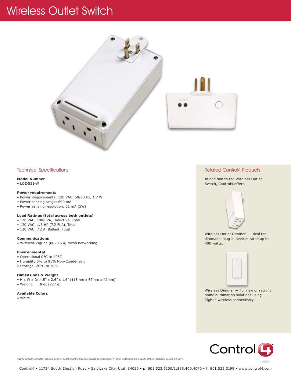 Wireless outlet switch | Control4 LOZ-5S1-W User Manual | Page 2 / 2