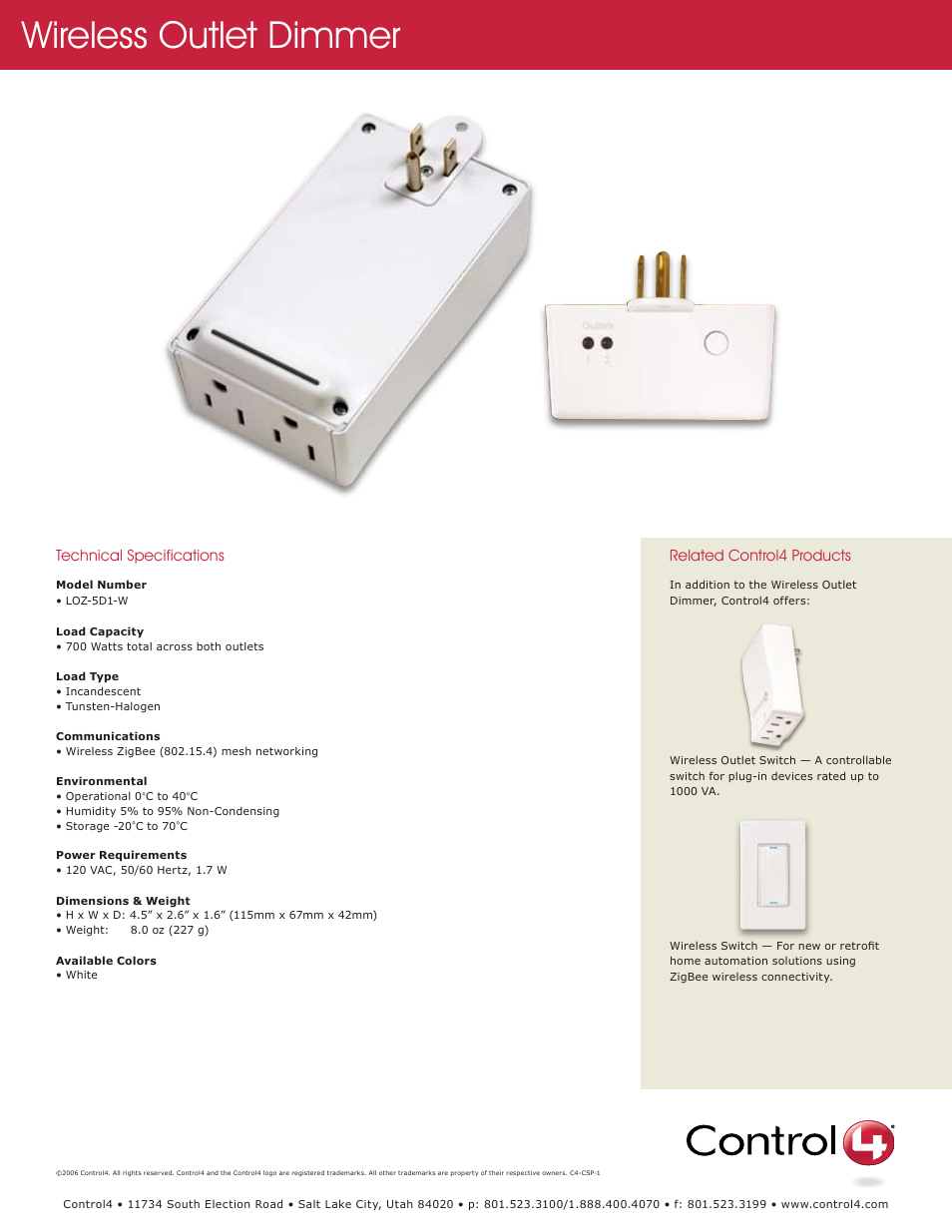 Wireless outlet dimmer, Technical specifications, Related control4 products | Control4 Wireless Outlet Dimmer User Manual | Page 2 / 2