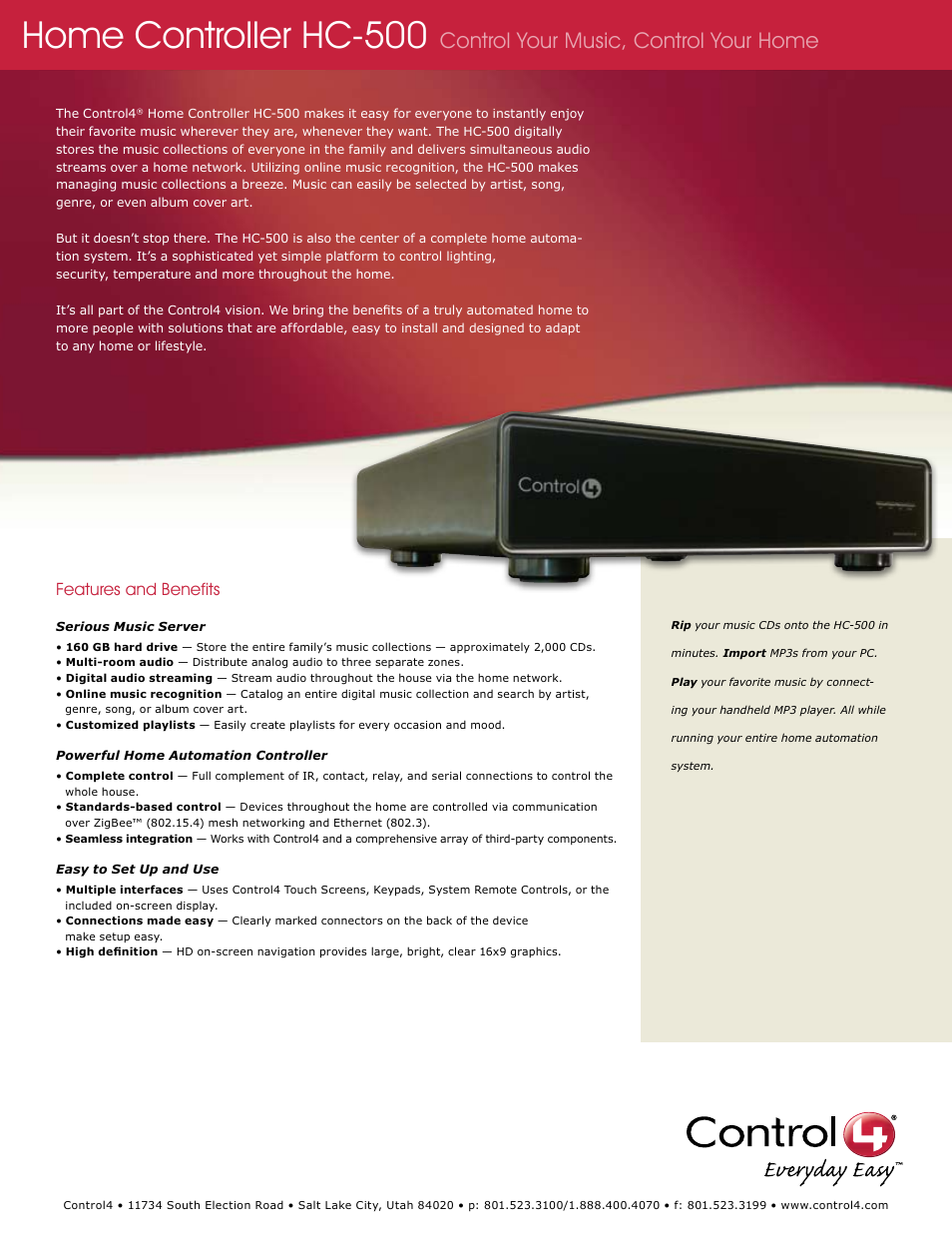 Control4 C4-HC500-E-B User Manual | 2 pages