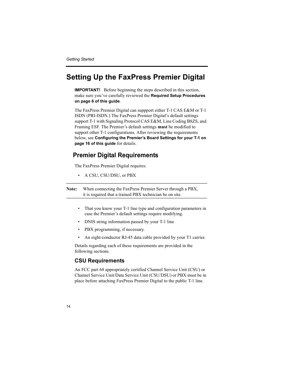 Setting up the faxpress premier digital, Premier digital requirements | Castelle FAXPRESS PREMIER 61-1260-001A User Manual | Page 16 / 31