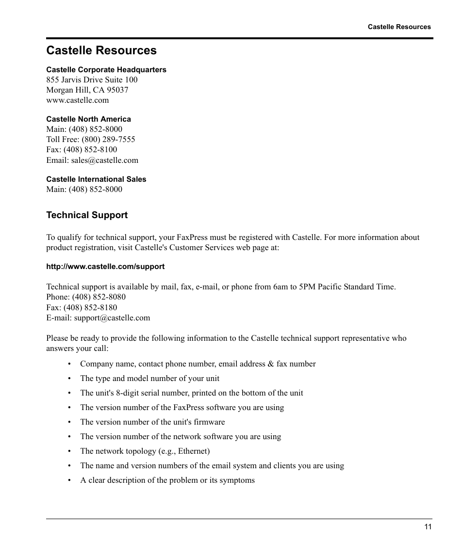 Castelle resources, Technical support | Castelle FaxPress User Manual | Page 12 / 24