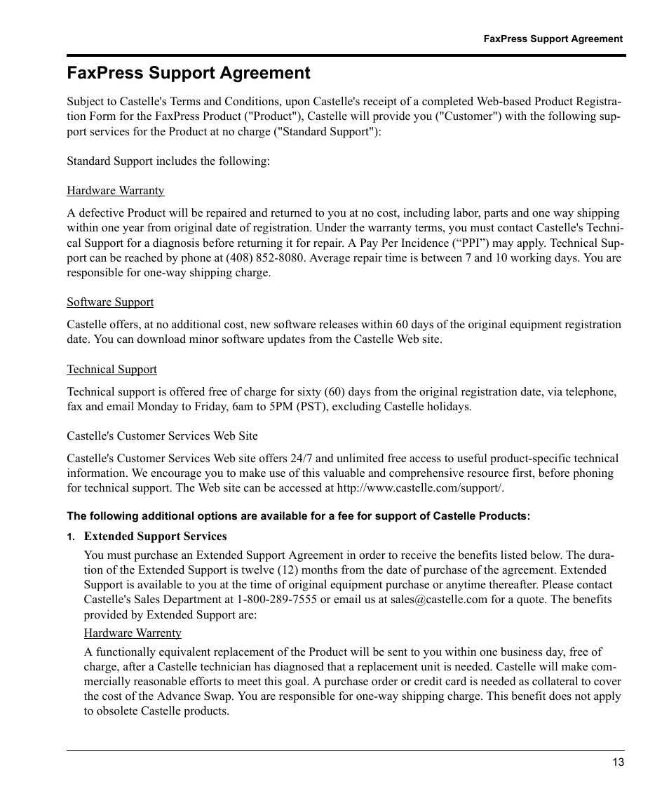Faxpress support agreement | Castelle FaxPress User Manual | Page 14 / 24