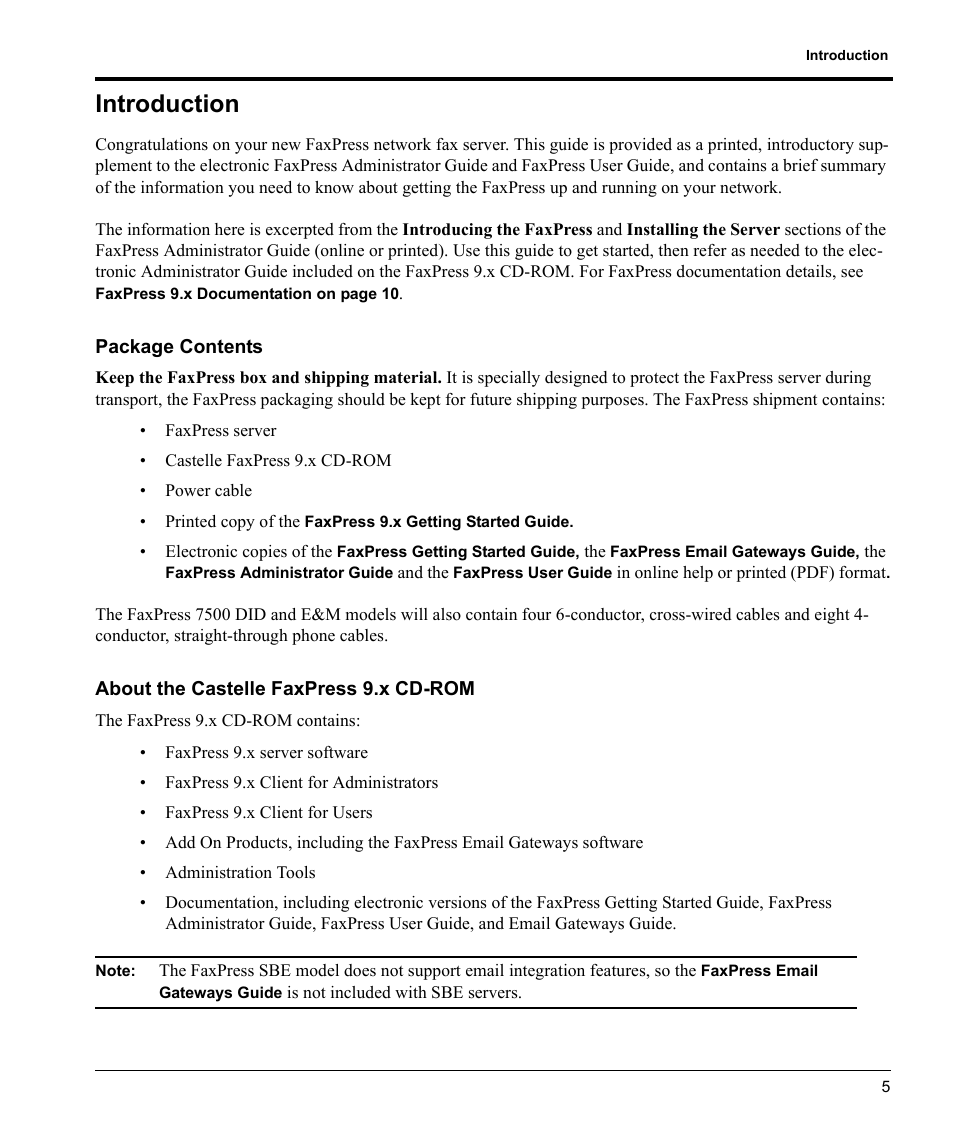 Introduction, Package contents, About the castelle faxpress 9.x cd-rom | Castelle FaxPress User Manual | Page 6 / 24