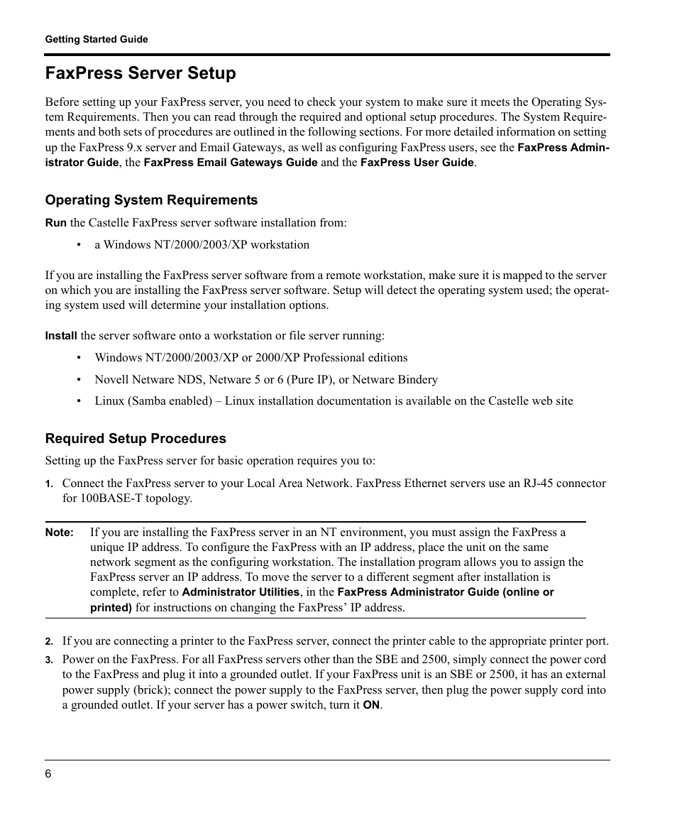 Faxpress server setup, Operating system requirements, Required setup procedures | Castelle FaxPress User Manual | Page 7 / 24