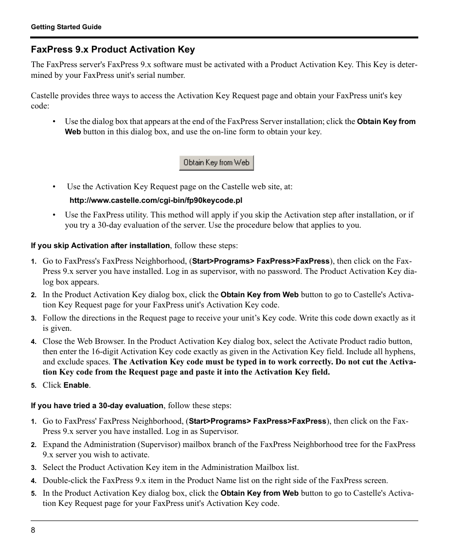 Faxpress 9.x product activation key | Castelle FaxPress User Manual | Page 9 / 24