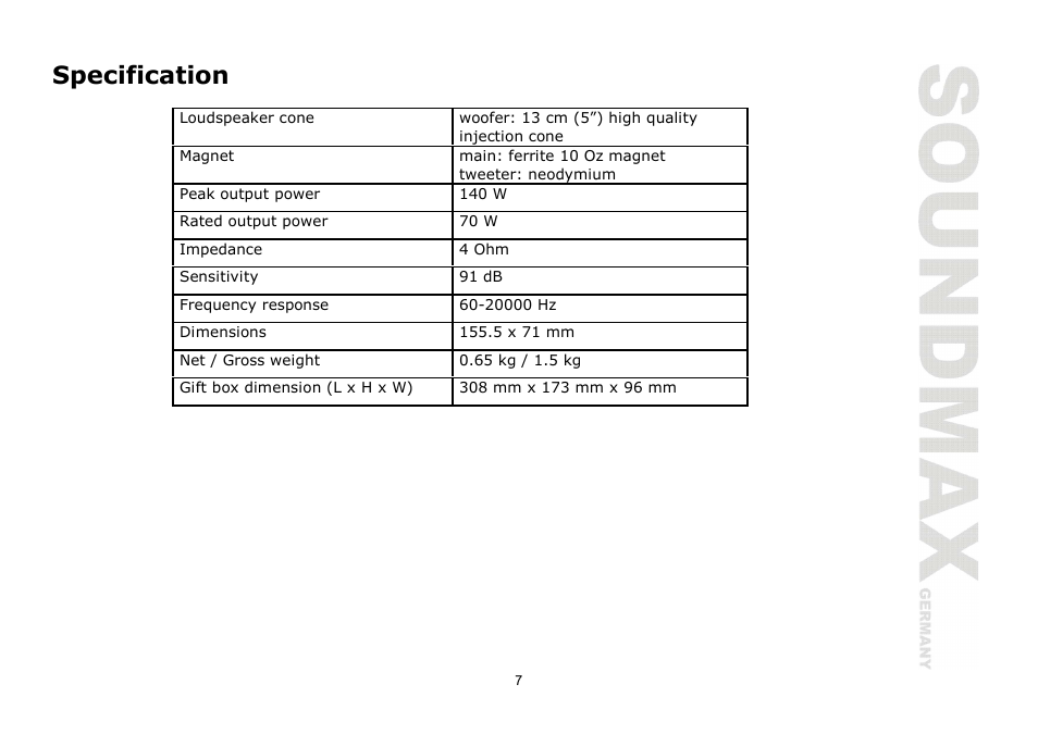 Specification | SoundMax SM-CSA502 User Manual | Page 7 / 13