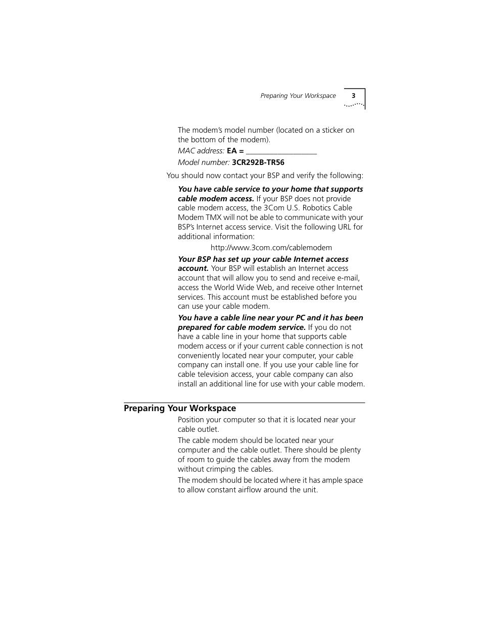 Preparing your workspace | 3Com TMX 10031161 User Manual | Page 9 / 56