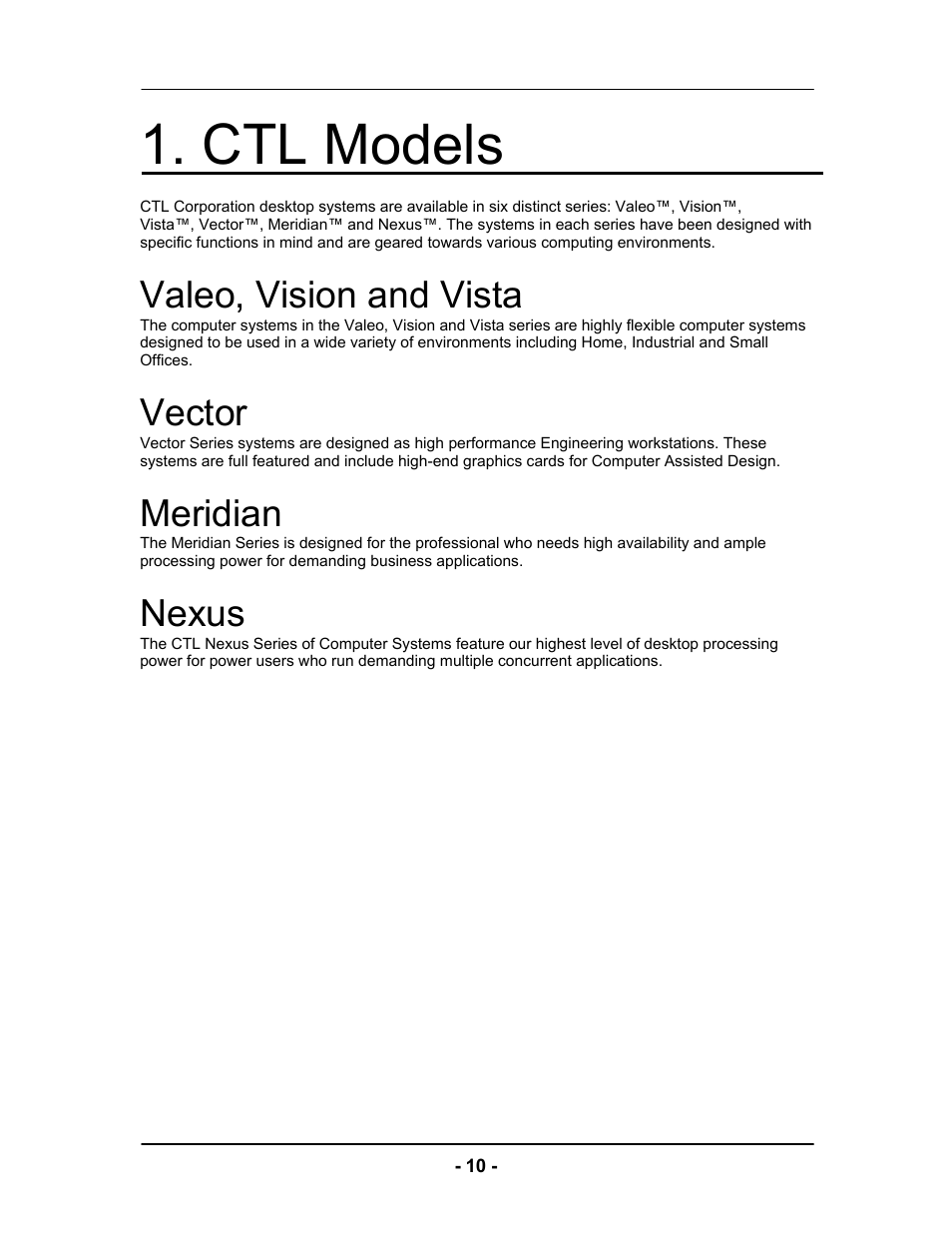Ctl models, Valeo, vision and vista, Vector | Meridian, Nexus | Computer Tech Link Vector User Manual | Page 10 / 44